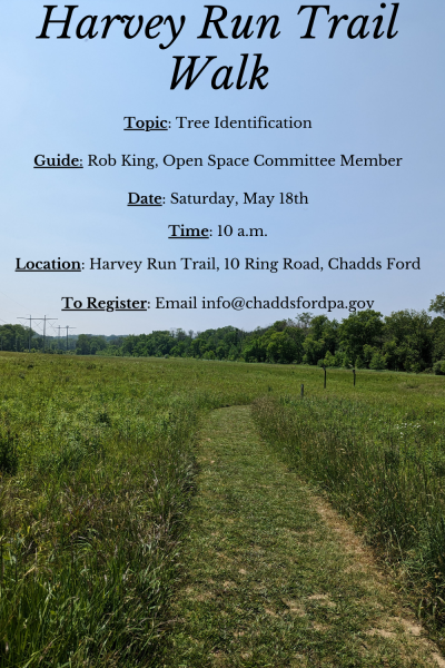Harvey Run Trail Guided Walk Flyer on May 18th at 10am